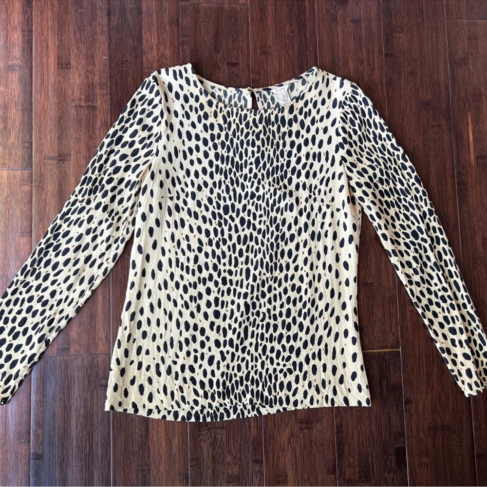 J Crew Women’s Rayon Black Animal Print Dot Black Tan Top Blouse Size 0